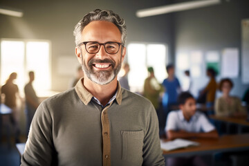 Obraz premium Smiling men teacher in a classroom. Teacher in a room. AI. 