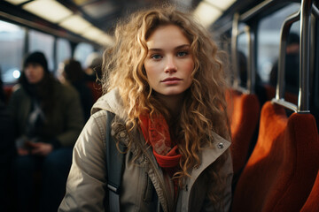Beautiful portrait of woman in metro car of big city