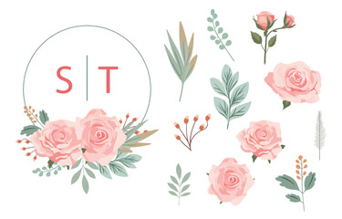 pink rose object element set with leaf.illustration vector for postcard,sticker - obrazy, fototapety, plakaty