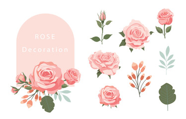 pink rose object element set with leaf.illustration vector for postcard,sticker