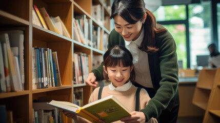 Young child and an adult man in a library, with the man helping the child read or understand a book, representing a moment of learning and mentorship.