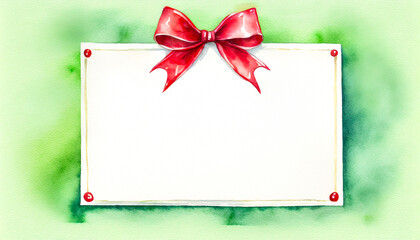 Holiday gift tag with red bow and green watercolor effect  background for your holiday greeting