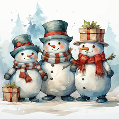 Watercolor cute snowmans and christmas tree illustrations, vector christmas gifts and snowmans with hat, cute snowmans illustrations,Vector snow