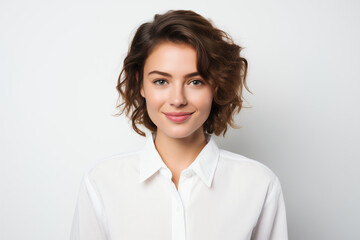 Fototapeta premium Portrait of young working woman smiling on white background