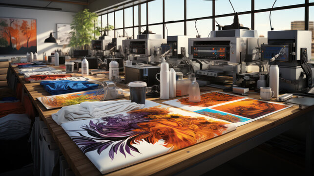 Innovation shirt and textile printer machine. Printshop interior.