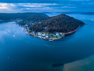 Aerial sunrise over Brisbane Water between Ettalong Beach and Wagstaffe