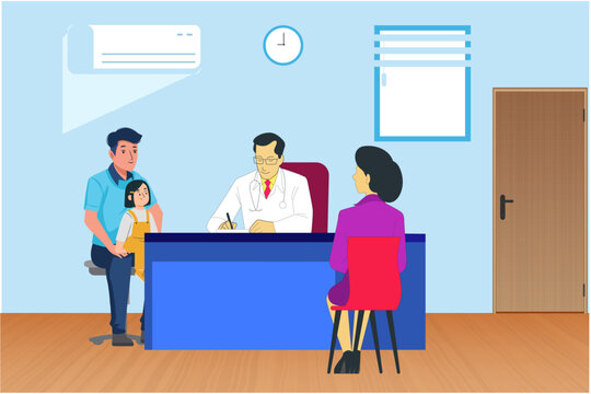 Doctor writes prescriptions to a cute baby with her parents during routine checkup at clinic. Health care vector illustration.