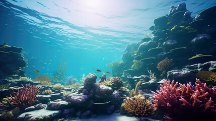 Naklejka na ściany i meble Underwater coral reef with colorful fish. Generative Ai