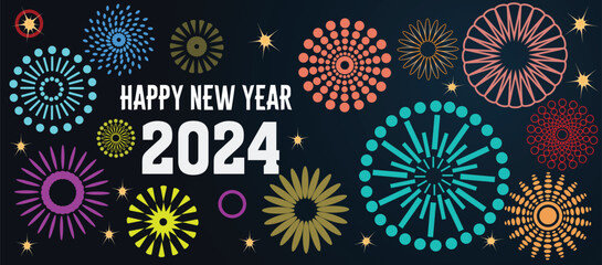 Greeting card Happy New Year 2024. Beautiful holiday web banner or billboard with Golden sparkling text Happy New Year 2024 written sparklers on festive firework and dark blue background - obrazy, fototapety, plakaty