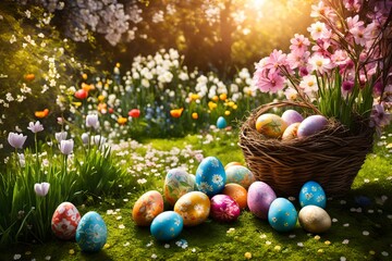 Fototapeta na wymiar easter eggs in a basket with flowers