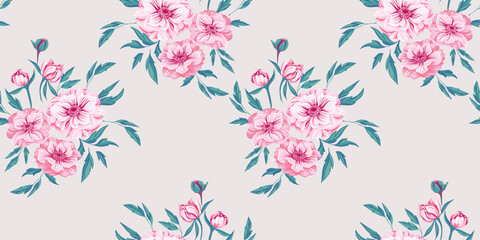 Fototapeta na wymiar Seamless pattern with bouquets pink colorful spring flowers ranunculus and leaves on a light background. Vector hand drawn. Artistic, feminine, floral print. Design for fashion, fabric, wallpaper.