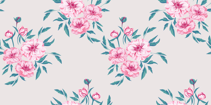 Seamless pattern with bouquets pink colorful spring flowers ranunculus and leaves on a light background. Vector hand drawn. Artistic, feminine, floral print. Design for fashion, fabric, wallpaper.