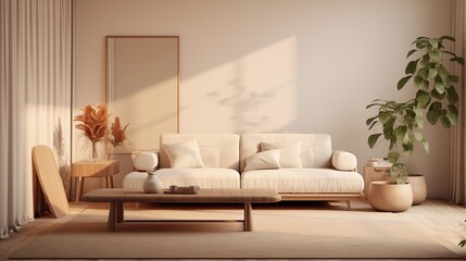 Nordic style living room design with warm sunshine. Generative AI.