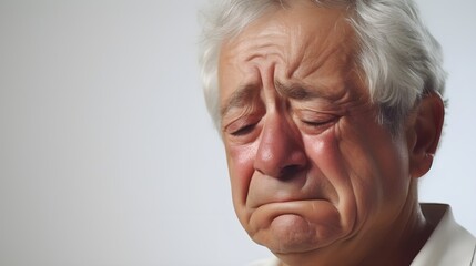 Portrait of crying elderly white male against white background with space for text, AI generated