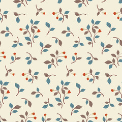 Seamless floral pattern, abstract ditsy print with small winter botany in a folk motif. Simple cute botanical design: small hand drawn flowers branches, tiny leaves on white. Vector illustration.
