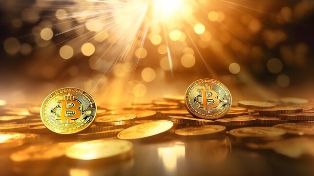 Sunbeams background bitcoins frame art with space for text, background image, AI generated
