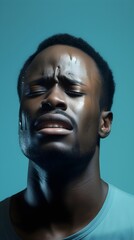Portrait of crying black male against light blue pastel background with space for text, AI generated