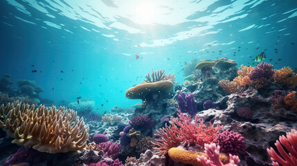 Obraz na płótnie Canvas Underwater coral reef with colorful fish. Generative Ai