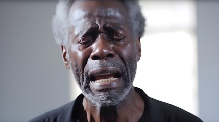 Portrait of crying elderly black male against dark background with space for text, AI generated