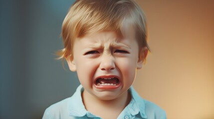 Close-up portrait of crying white boy toddler against pastel background with space for text, AI generated