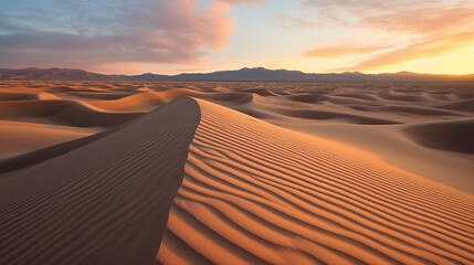 Fototapeta na wymiar Silent Desert Dunes at Dusk: Capture the stillness of a desert landscape as the sun sets, casting long shadows over the silent and undulating dunes