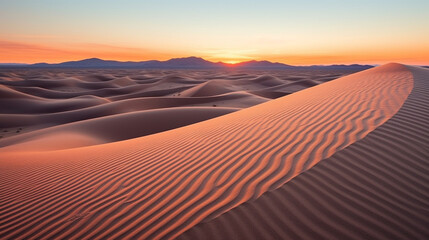 Fototapeta na wymiar Silent Desert Dunes at Dusk: Capture the stillness of a desert landscape as the sun sets, casting long shadows over the silent and undulating dunes