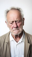 Obraz premium Portrait of crying elderly white male against white background with space for text, AI generated