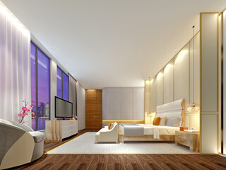 3d render. Modern hotel room interior scene.