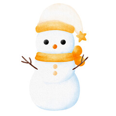 Kawaii big snowman with yellow hat and yellow scarf watercolor hand drawing