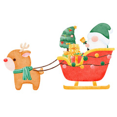 Obraz premium Kawaii santa claus sleigh with christmas tree watercolor hand drawing illustration