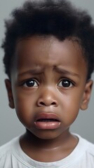 Close-up portrait of crying black boy toddler against white background with space for text, AI generated