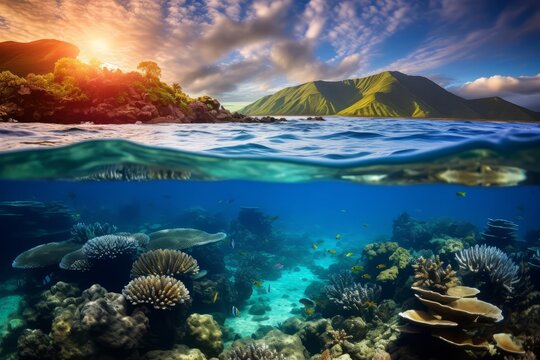 Sunset splendor meets underwater marvel in a split-view image of a coral reef.