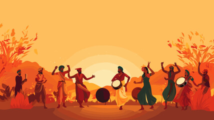 copy space, copy space, illustration, typical indian poster for the lohri festival with a bonfire and dancing indian people. Celebration of Lohri festival in Punjab. Happy Lohri holiday festival. - obrazy, fototapety, plakaty