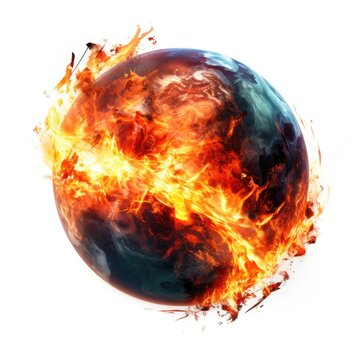 Fire planet burning on white background. Global catastrophe concept illustration.