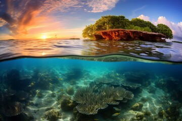 Sunset splendor meets underwater marvel in a split-view image of a coral reef.