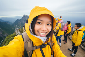 Happy smiling Asian girl tourist taking selfie portrait on mountain top