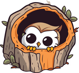 Cute owl in a hole in a tree vector illustration