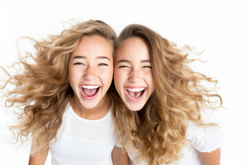 Photo Against a White Background: Laughing Teenage Girls, Twin Sisters, Exuding Strong Emotions and Joyful Laughter