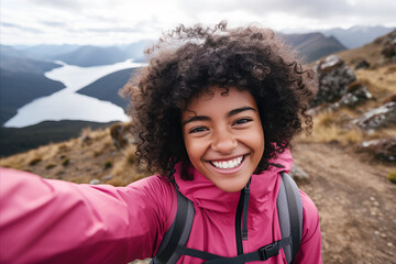Happy, smiling dark-haired tourist takes a selfie in the mountains