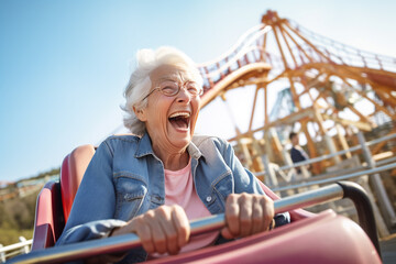 Happy Senior woman with gray hair riding a rollercoaster at amusement park and scream - obrazy, fototapety, plakaty