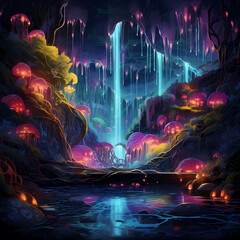 a vivid fantasy world featuring neon elements in the cascading streams of a waterfall