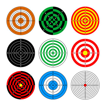 Shooting range paper targets. Round target with divisions, marks and numbers. Archery, gun shooting practise and training, sport competition and hunting. Bullseye and aim. Vector illustration
