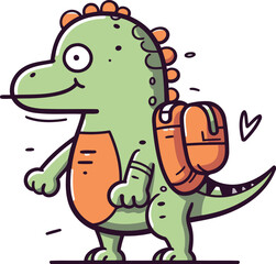 Cute cartoon dinosaur with backpack vector illustration in doodle style