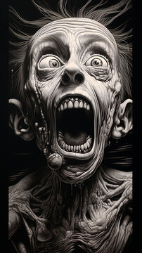 Absurd hyper-detailed scratch art In the style of black and white hyper-realism generative ai 
