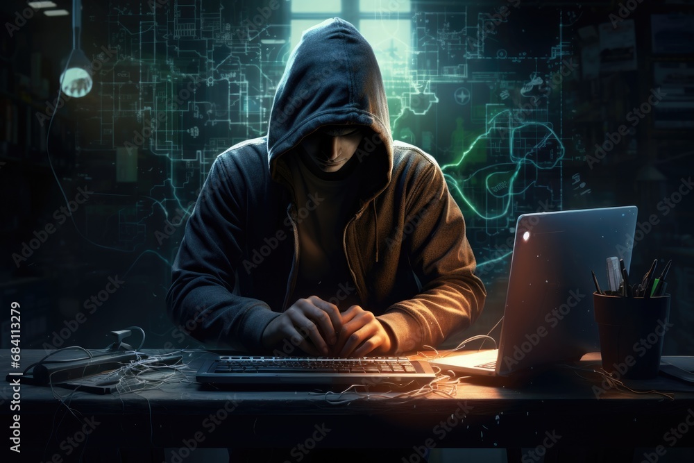 Poster hacker in a hood with a laptop on a dark