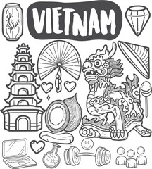 Fototapeta na wymiar Hand Drawn Vietnamese Doodle Icons Set