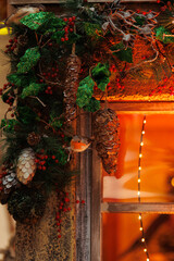New Year's and Christmas decorations, toys and garlands in fabulous settings.