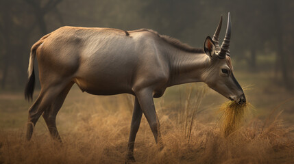 Male Nilgai feeding with grass. generative ai