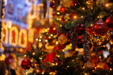 New Year's and Christmas decorations, toys and garlands in fabulous settings.