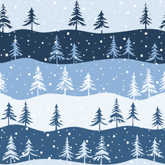 Seamless pattern, hills and trees, winter background, vector design	